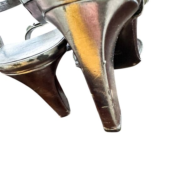 Prada 38 Patent Leather T-Strap Silver Studded crystals Accents Block Sandals - Picture 14 of 15